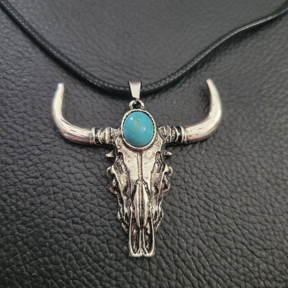 Western bull cow skull synthetic turquoise necklace